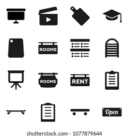 Flat vector icon set - washboard vector, cutting board, graduate hat, presentation, exam, clipboard, skateboard, cinema clap, rent signboard, rooms, open