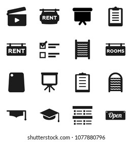 Flat vector icon set - washboard vector, cutting board, graduate hat, presentation, exam, clipboard, cinema clap, rent signboard, rooms, open