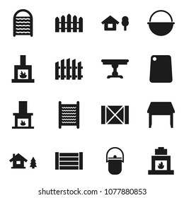 Flat vector icon set - washboard vector, camping cauldron, cutting board, wood box, chalet, fence, table, fireplace