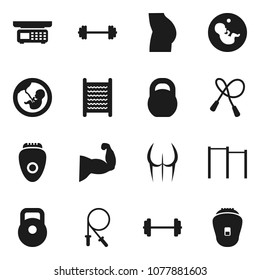 Flat vector icon set - washboard vector, barbell, weight, jump rope, horizontal bar, muscule hand, buttocks, pregnancy, store scales, epilator
