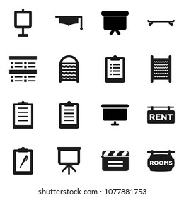 Flat vector icon set - washboard vector, graduate hat, presentation, exam, board, clipboard, skateboard, cinema clap, rent signboard, rooms