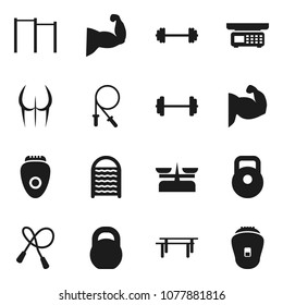 Flat vector icon set - washboard vector, barbell, weight, jump rope, horizontal bar, muscule hand, buttocks, store scales, epilator
