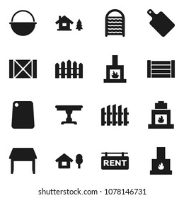 Flat vector icon set - washboard vector, camping cauldron, cutting board, wood box, chalet, fence, rent signboard, table, fireplace