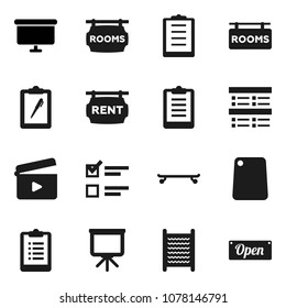 Flat vector icon set - washboard vector, cutting board, presentation, exam, clipboard, skateboard, cinema clap, rent signboard, rooms, open