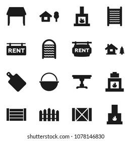 Flat vector icon set - washboard vector, camping cauldron, cutting board, wood box, chalet, fence, rent signboard, table, fireplace
