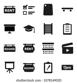 Flat vector icon set - washboard vector, cutting board, graduate hat, presentation, exam, skateboard, clipboard, cinema clap, rent signboard, rooms, open
