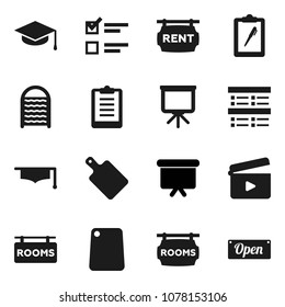 Flat vector icon set - washboard vector, cutting board, graduate hat, presentation, exam, clipboard, cinema clap, rent signboard, rooms, open