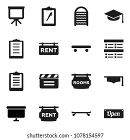 Flat vector icon set - washboard vector, graduate hat, presentation, exam, board, clipboard, skateboard, cinema clap, rent signboard, rooms, open