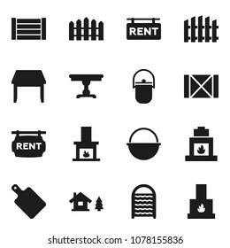 Flat vector icon set - washboard vector, camping cauldron, cutting board, wood box, chalet, fence, rent signboard, table, fireplace