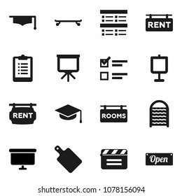 Flat vector icon set - washboard vector, cutting board, graduate hat, presentation, exam, clipboard, skateboard, cinema clap, rent signboard, rooms, open
