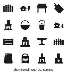 Flat vector icon set - washboard vector, camping cauldron, cutting board, wood box, chalet, fence, table, fireplace