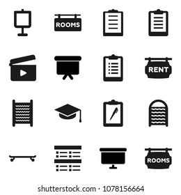 Flat vector icon set - washboard vector, graduate hat, presentation, exam, board, clipboard, skateboard, cinema clap, rent signboard, rooms