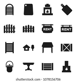 Flat vector icon set - washboard vector, camping cauldron, cutting board, wood box, chalet, fence, rent signboard, table, fireplace
