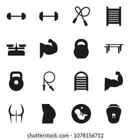 Flat vector icon set - washboard vector, barbell, weight, jump rope, horizontal bar, muscule hand, buttocks, pregnancy, store scales, epilator