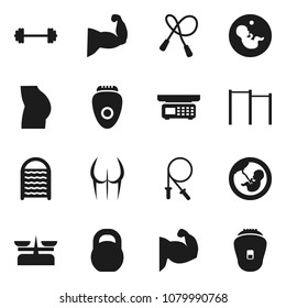 Flat vector icon set - washboard vector, barbell, weight, jump rope, horizontal bar, muscule hand, buttocks, pregnancy, store scales, epilator
