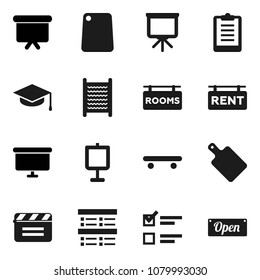 Flat vector icon set - washboard vector, cutting board, graduate hat, presentation, exam, clipboard, skateboard, cinema clap, rent signboard, rooms, open