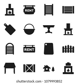 Flat vector icon set - washboard vector, camping cauldron, cutting board, wood box, chalet, fence, rent signboard, table, fireplace