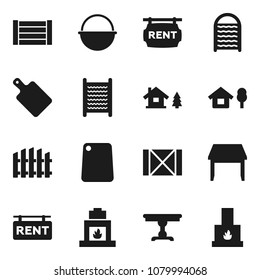 Flat vector icon set - washboard vector, camping cauldron, cutting board, wood box, chalet, fence, rent signboard, table, fireplace