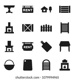 Flat vector icon set - washboard vector, camping cauldron, cutting board, wood box, chalet, fence, rent signboard, table, fireplace