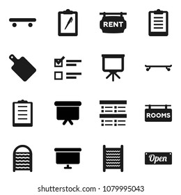 Flat vector icon set - washboard vector, cutting board, presentation, exam, clipboard, skateboard, rent signboard, rooms, open