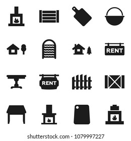 Flat vector icon set - washboard vector, camping cauldron, cutting board, wood box, chalet, fence, rent signboard, table, fireplace