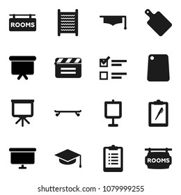 Flat vector icon set - washboard vector, cutting board, graduate hat, presentation, exam, clipboard, skateboard, cinema clap, rooms signboard