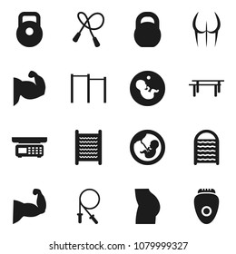 Flat vector icon set - washboard vector, weight, jump rope, horizontal bar, muscle hand, buttocks, pregnancy, store scales, epilator