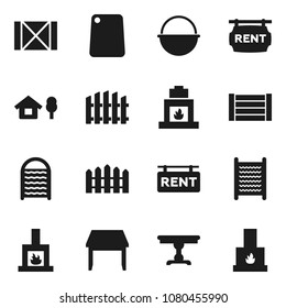 Flat vector icon set - washboard vector, camping cauldron, cutting board, wood box, chalet, fence, rent signboard, table, fireplace