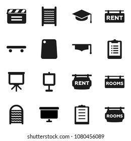 Flat vector icon set - washboard vector, cutting board, graduate hat, presentation, clipboard, skateboard, cinema clap, rent signboard, rooms