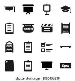 Flat vector icon set - washboard vector, cutting board, graduate hat, presentation, exam, clipboard, skateboard, cinema clap, rooms signboard, open