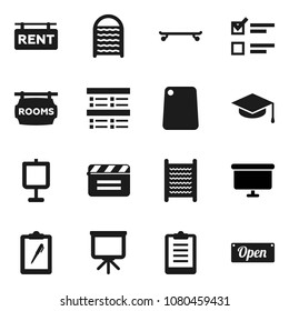 Flat vector icon set - washboard vector, cutting board, graduate hat, presentation, exam, clipboard, skateboard, cinema clap, rent signboard, rooms, open