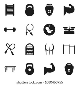 Flat vector icon set - washboard vector, barbell, weight, jump rope, horizontal bar, muscle hand, buttocks, pregnancy, store scales, epilator