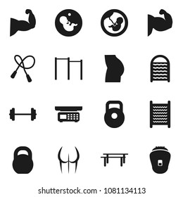 Flat vector icon set - washboard vector, barbell, weight, jump rope, horizontal bar, muscule hand, buttocks, pregnancy, store scales, epilator
