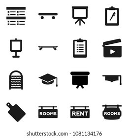 Flat vector icon set - washboard vector, cutting board, graduate hat, presentation, exam, clipboard, skateboard, cinema clap, rent signboard, rooms