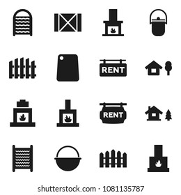 Flat vector icon set - washboard vector, camping cauldron, cutting board, wood box, chalet, fence, rent signboard, fireplace