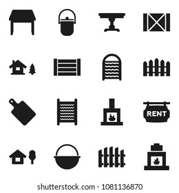 Flat vector icon set - washboard vector, camping cauldron, cutting board, wood box, chalet, fence, rent signboard, table, fireplace