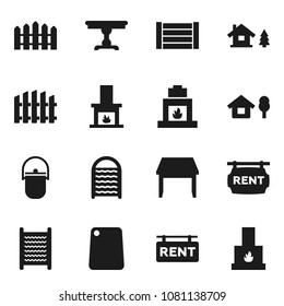 Flat vector icon set - washboard vector, camping cauldron, cutting board, wood box, chalet, fence, rent signboard, table, fireplace