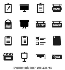 Flat vector icon set - washboard vector, cutting board, graduate hat, presentation, exam, clipboard, cinema clap, rent signboard, rooms, open