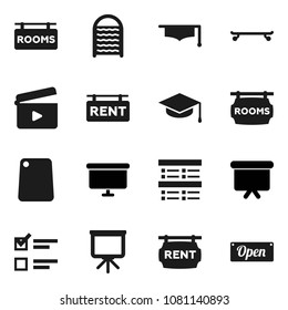 Flat vector icon set - washboard vector, cutting board, graduate hat, presentation, exam, skateboard, cinema clap, rent signboard, rooms, open