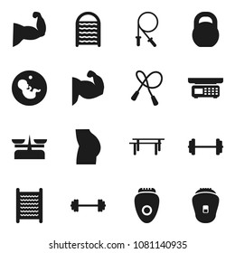 Flat vector icon set - washboard vector, barbell, weight, jump rope, horizontal bar, muscule hand, buttocks, pregnancy, store scales, epilator