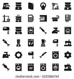 Flat vector icon set - washer vector, washing powder, mixer, double boiler, blender, tomography, gear, construction crane, card reader, dishwasher, coffee maker, meat grinder, sewing machine