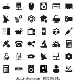 Flat vector icon set - washer vector, atom, microscope, calculator, flask, laptop graph, satellite, support, antenna, video camera, social media, jack, tomography, notebook network, disconnection