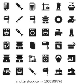 Flat vector icon set - washer vector, washing powder, mixer, double boiler, blender, tomography, gear, construction crane, card reader, dishwasher, coffee maker, meat grinder, sewing machine