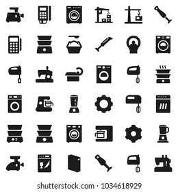 Flat vector icon set - washer vector, washing powder, mixer, double boiler, blender, tomography, gear, construction crane, card reader, dishwasher, coffee maker, meat grinder, sewing machine