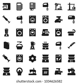 Flat vector icon set - washer vector, washing powder, mixer, double boiler, blender, tomography, gear, construction crane, card reader, dishwasher, coffee maker, meat grinder, sewing machine