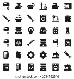 Flat vector icon set - washer vector, washing powder, mixer, double boiler, blender, tomography, gear, construction crane, card reader, dishwasher, coffee maker, meat grinder, sewing machine