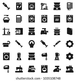 Flat vector icon set - washer vector, washing powder, mixer, double boiler, blender, tomography, gear, construction crane, card reader, dishwasher, coffee maker, meat grinder, sewing machine