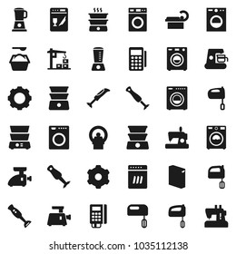 Flat vector icon set - washer vector, washing powder, mixer, double boiler, blender, tomography, gear, construction crane, card reader, dishwasher, coffee maker, meat grinder, sewing machine