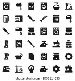 Flat vector icon set - washer vector, washing powder, mixer, double boiler, blender, tomography, gear, construction crane, card reader, dishwasher, coffee maker, meat grinder, sewing machine