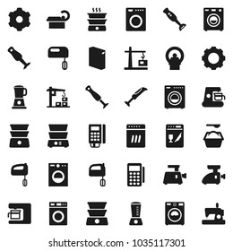 Flat vector icon set - washer vector, washing powder, mixer, double boiler, blender, tomography, gear, construction crane, card reader, dishwasher, coffee maker, meat grinder, sewing machine